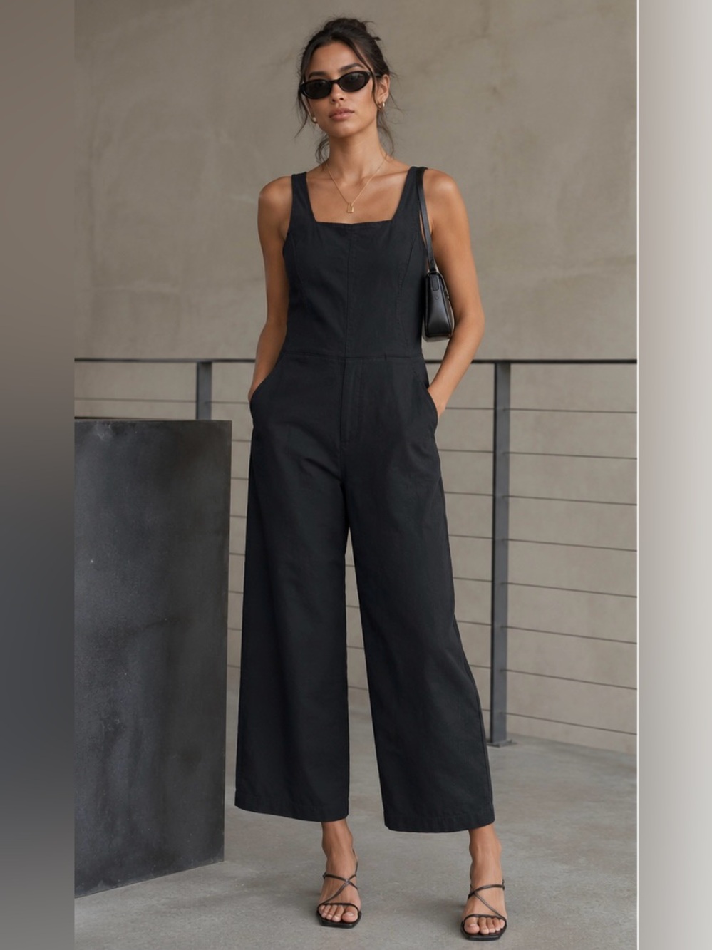 DD77 ($130) Black Peekaboo Back Wide Leg Jumpsuit Chic Cotton tie Detail Sz L